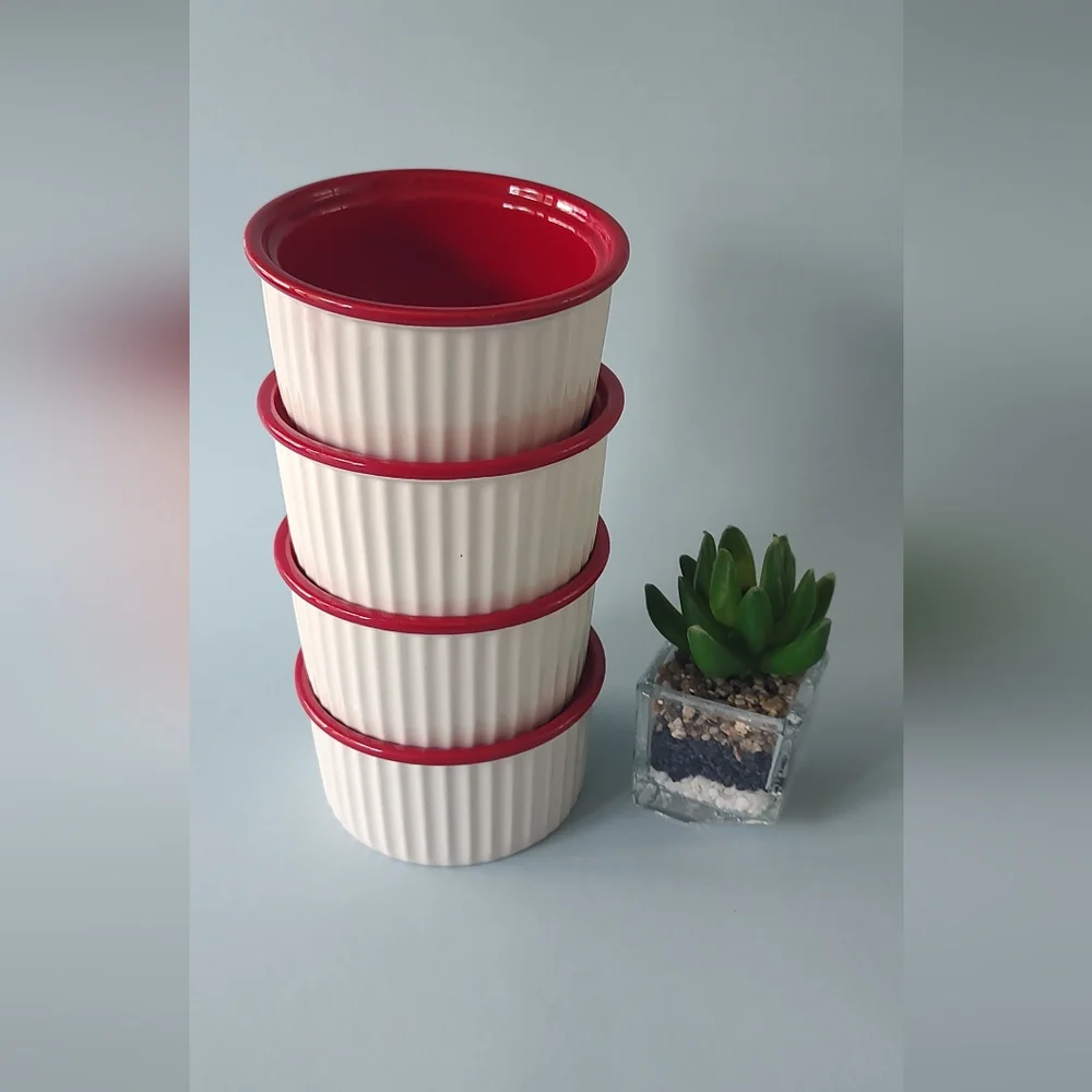 Ramekin Set 4 Pieces Red And White Ceramic Safe Microwave   Dishwasher By France